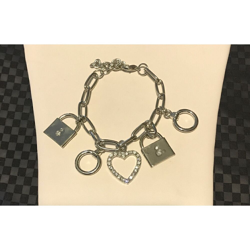 Pretty New Silver Rhinestone Heart & Padlock Charm Bracelet